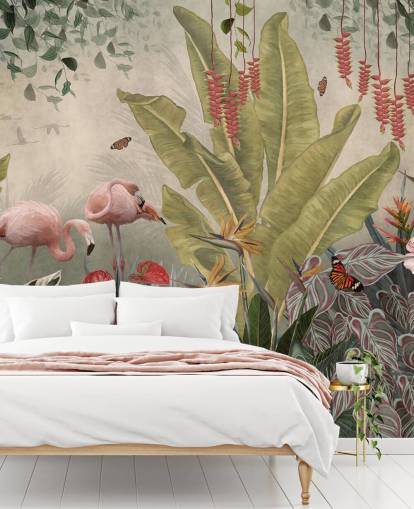 murale beige con giungla chiamato Flamingos in the Jungle at Wallsauce per camere da letto, salotti e corridoi