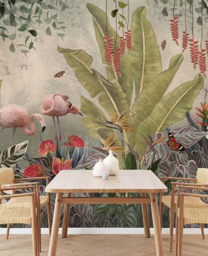 beige jungel veggmaleri kalt Flamingos in the Jungle at Wallsauce for soverom, stuer og ganger