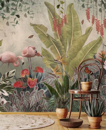 beige djungel väggmålning som heter Flamingos i djungeln på Wallsauce för sovrum, vardagsrum och korridorer