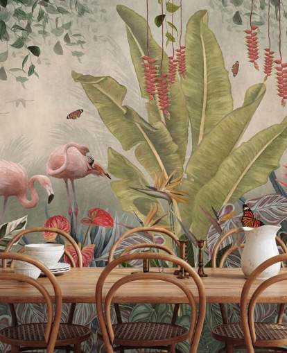 fresque murale beige de la jungle intitulée Flamingos in the Jungle at Wallsauce pour les chambres, les salons et les couloirs