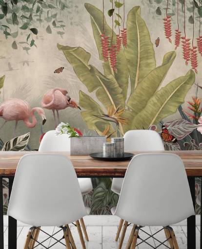 beige jungel veggmaleri kalt Flamingos in the Jungle at Wallsauce for soverom, stuer og ganger beige jungel veggmaleri kalt Flamingos in the Jungle at Wallsauce for soverom, stuer og ganger