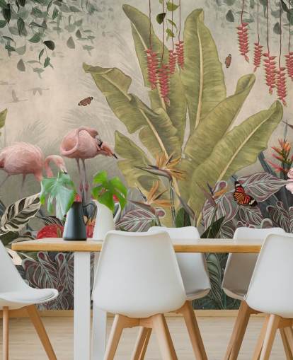 beige djungel väggmålning som heter Flamingos i djungeln på Wallsauce för sovrum, vardagsrum och korridorer