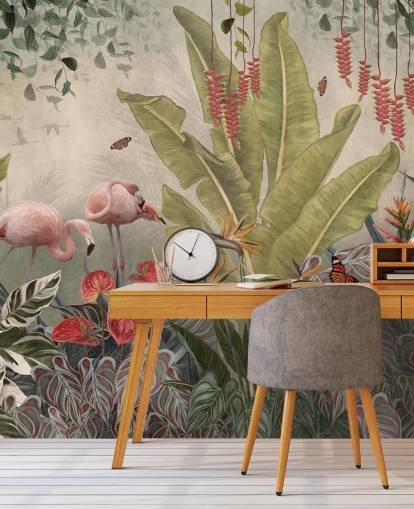 beige jungle muurschildering genaamd Flamingos in the Jungle at Wallsauce voor slaapkamers, woonkamers en gangen