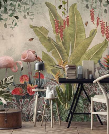 mural de pared beige de la jungla llamado Flamingos in the Jungle at Wallsauce para dormitorios, salas de estar y pasillos