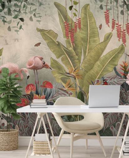 fresque murale beige de la jungle intitulée Flamingos in the Jungle at Wallsauce pour les chambres, les salons et les couloirs