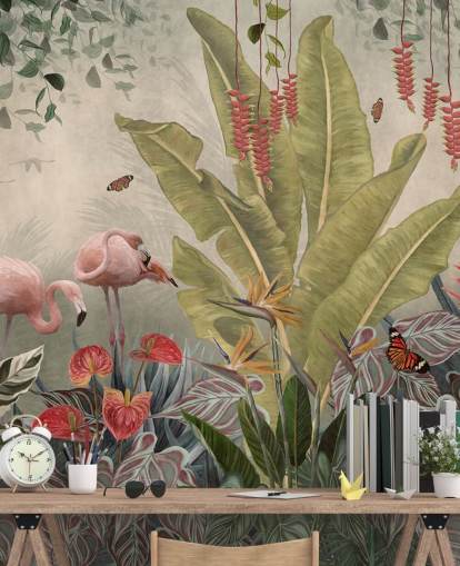 beige djungel väggmålning som heter Flamingos i djungeln på Wallsauce för sovrum, vardagsrum och korridorer