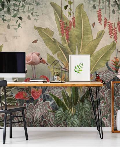 beige viidakon seinämaalaus nimeltä Flamingot viidakossa Wallsaucessa makuuhuoneisiin, olohuoneisiin ja käytäviin beige viidakon seinämaalaus nimeltä Flamingot viidakossa Wallsaucessa makuuhuoneisiin, olohuoneisiin ja käytäviin