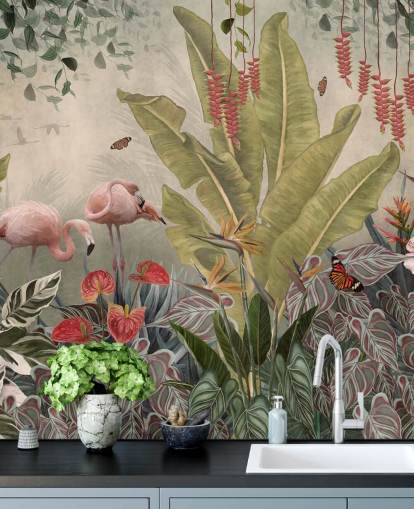 beige jungle vægmaleri kaldet Flamingoer i junglen på Wallsauce til soveværelser, stuer og gange