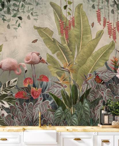 beige jungle muurschildering genaamd Flamingos in the Jungle at Wallsauce voor slaapkamers, woonkamers en gangen beige jungle muurschildering genaamd Flamingos in the Jungle at Wallsauce voor slaapkamers, woonkamers en gangen