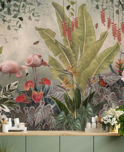 mural de parede de selva bege chamado Flamingos in the Jungle at Wallsauce para quartos, salas de estar e corredores