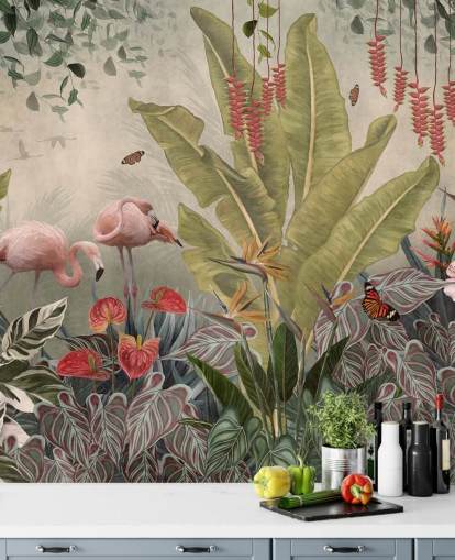 beige jungle muurschildering genaamd Flamingos in the Jungle at Wallsauce voor slaapkamers, woonkamers en gangen