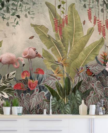 mural de parede de selva bege chamado Flamingos in the Jungle at Wallsauce para quartos, salas de estar e corredores