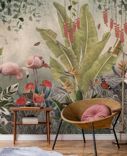 mural de parede de selva bege chamado Flamingos in the Jungle at Wallsauce para quartos, salas de estar e corredores