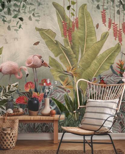 beige djungel väggmålning som heter Flamingos i djungeln på Wallsauce för sovrum, vardagsrum och korridorer