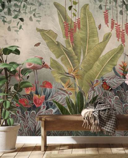 beige jungle vægmaleri kaldet Flamingoer i junglen på Wallsauce til soveværelser, stuer og gange beige jungle vægmaleri kaldet Flamingoer i junglen på Wallsauce til soveværelser, stuer og gange