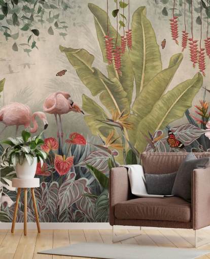 murale beige con giungla chiamato Flamingos in the Jungle at Wallsauce per camere da letto, salotti e corridoi