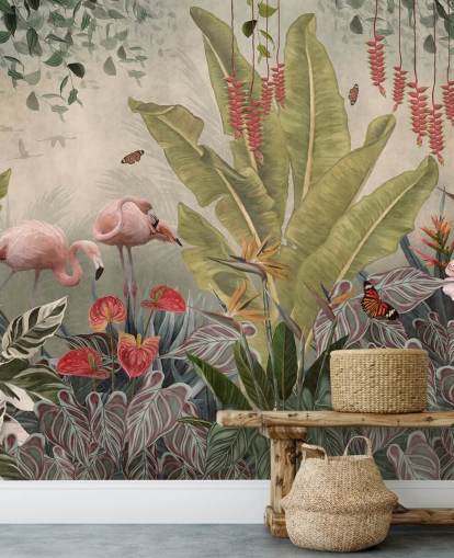 beige jungel veggmaleri kalt Flamingos in the Jungle at Wallsauce for soverom, stuer og ganger