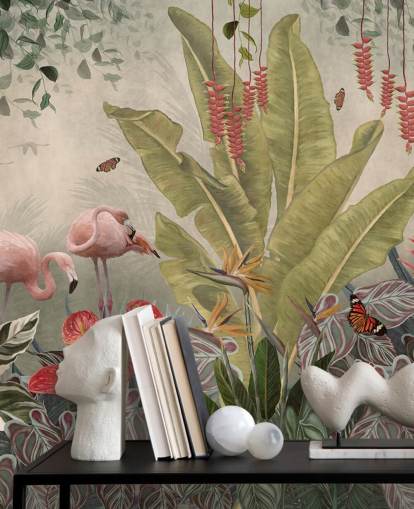 mural de pared beige de la jungla llamado Flamingos in the Jungle at Wallsauce para dormitorios, salas de estar y pasillos