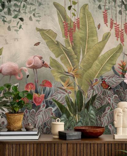 beige djungel väggmålning som heter Flamingos i djungeln på Wallsauce för sovrum, vardagsrum och korridorer