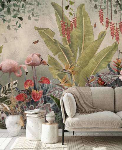 mural de pared beige de la jungla llamado Flamingos in the Jungle at Wallsauce para dormitorios, salas de estar y pasillos