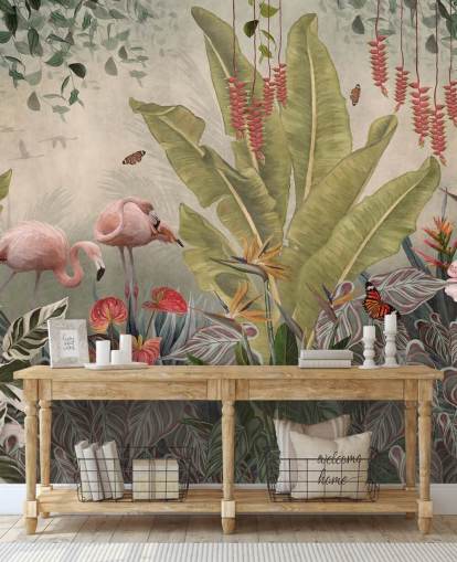 beige jungle muurschildering genaamd Flamingos in the Jungle at Wallsauce voor slaapkamers, woonkamers en gangen beige jungle muurschildering genaamd Flamingos in the Jungle at Wallsauce voor slaapkamers, woonkamers en gangen