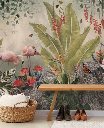 beigefarbenes Dschungel-Wandbild namens Flamingos im Dschungel von Wallsauce für Schlafzimmer, Wohnzimmer und Flure beigefarbenes Dschungel-Wandbild namens Flamingos im Dschungel von Wallsauce für Schlafzimmer, Wohnzimmer und Flure