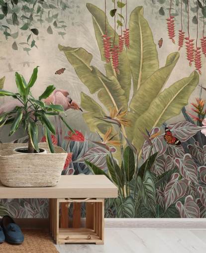 beige jungle wall mural called Flamingos in the Jungle at Wallsauce for bedrooms, living rooms and hallways