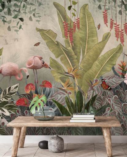beige jungle wall mural called Flamingos in the Jungle at Wallsauce for bedrooms, living rooms and hallways