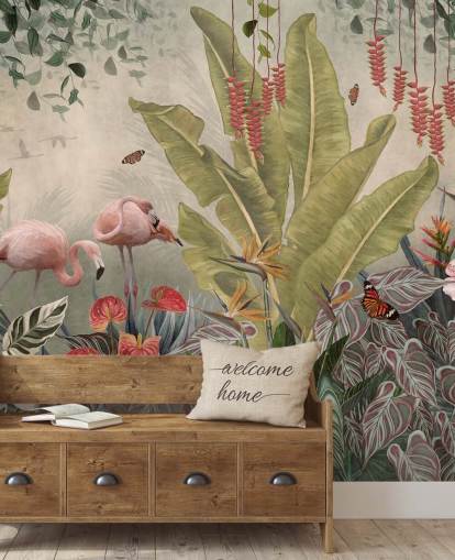 beige jungle vægmaleri kaldet Flamingoer i junglen på Wallsauce til soveværelser, stuer og gange beige jungle vægmaleri kaldet Flamingoer i junglen på Wallsauce til soveværelser, stuer og gange