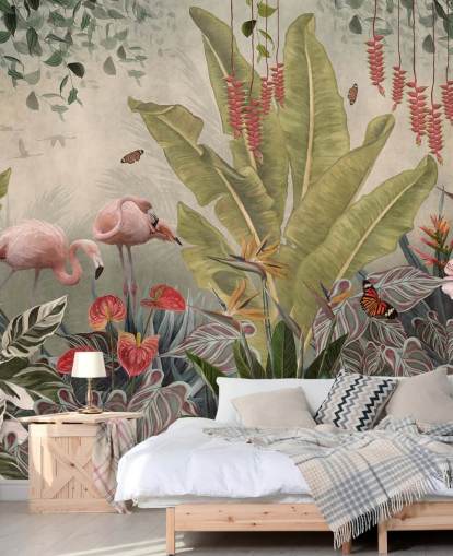 beige jungle wall mural called Flamingos in the Jungle at Wallsauce for bedrooms, living rooms and hallways