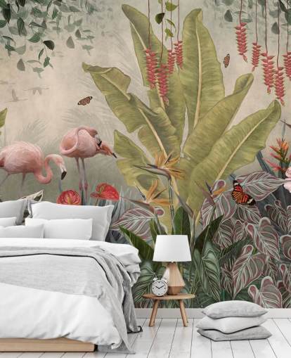 beige jungle muurschildering genaamd Flamingos in the Jungle at Wallsauce voor slaapkamers, woonkamers en gangen