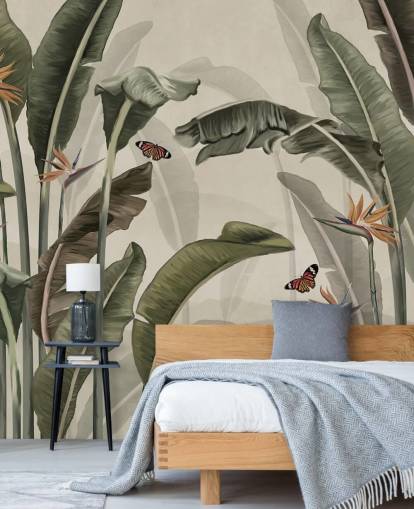 grön palm tapet kallad Palm Trees and Butterflies Green på Wallsauce för sovrum, vardagsrum och kök