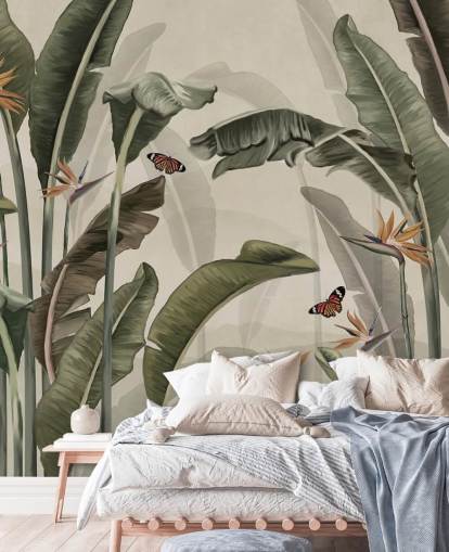 papel de parede de palmeira verde chamado Palm Trees and Butterflies Green at Wallsauce para quartos, salas de estar e cozinhas