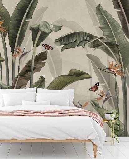 papel de parede de palmeira verde chamado Palm Trees and Butterflies Green at Wallsauce para quartos, salas de estar e cozinhas