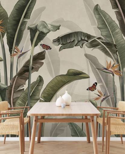 grön palm tapet kallad Palm Trees and Butterflies Green på Wallsauce för sovrum, vardagsrum och kök