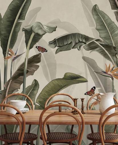 papel de parede de palmeira verde chamado Palm Trees and Butterflies Green at Wallsauce para quartos, salas de estar e cozinhas