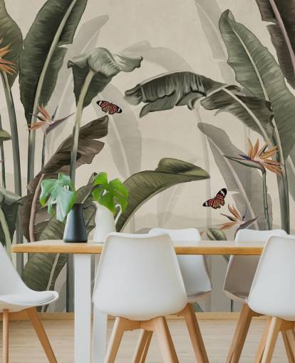 grüne Palmentapete namens Palm Trees and Butterflies Green at Wallsauce für Schlafzimmer, Wohnzimmer und Küchen