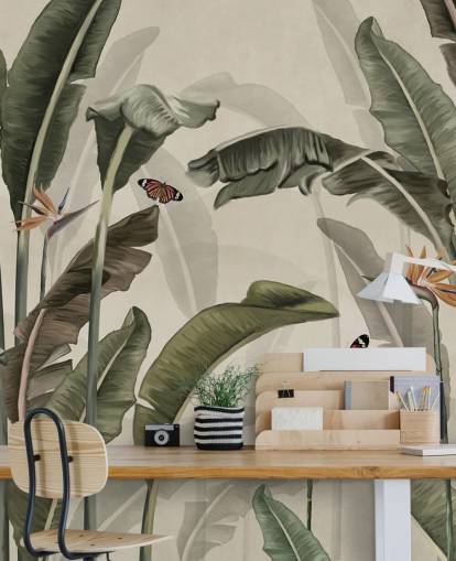 vihreä palmun taustakuva nimeltä Palm Trees and Butterflies Green Wallsaucessa makuuhuoneisiin, olohuoneisiin ja keittiöihin