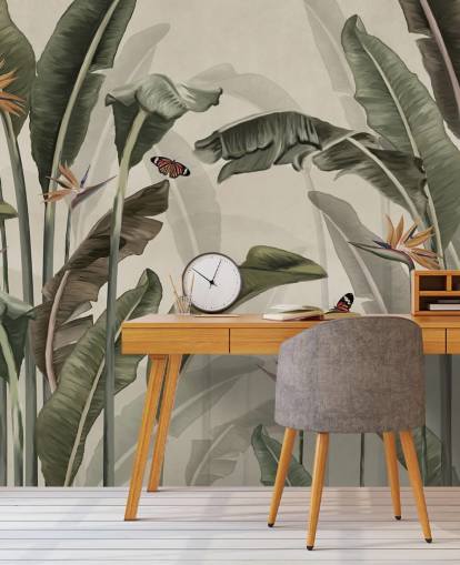 grüne Palmentapete namens Palm Trees and Butterflies Green at Wallsauce für Schlafzimmer, Wohnzimmer und Küchen