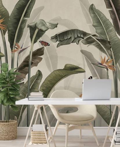 groen palmboombehang genaamd Palm Trees and Butterflies Green at Wallsauce voor slaapkamers, woonkamers en keukens groen palmboombehang genaamd Palm Trees and Butterflies Green at Wallsauce voor slaapkamers, woonkamers en keukens