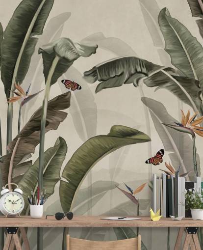 papier peint de palmier vert appelé Palm Trees and Butterflies Green chez Wallsauce pour les chambres, les salons et les cuisines