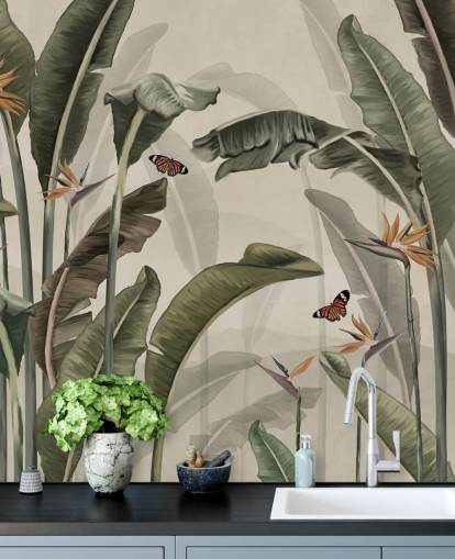grønt palmetræstapet kaldet Palm Trees and Butterflies Green på Wallsauce til soveværelser, stuer og køkkener grønt palmetræstapet kaldet Palm Trees and Butterflies Green på Wallsauce til soveværelser, stuer og køkkener