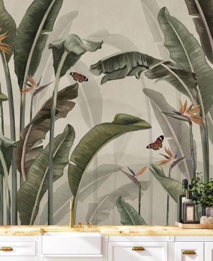 vihreä palmun taustakuva nimeltä Palm Trees and Butterflies Green Wallsaucessa makuuhuoneisiin, olohuoneisiin ja keittiöihin