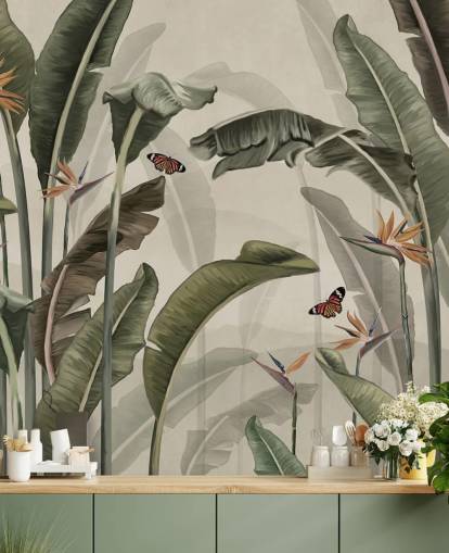grønt palmetræstapet kaldet Palm Trees and Butterflies Green på Wallsauce til soveværelser, stuer og køkkener