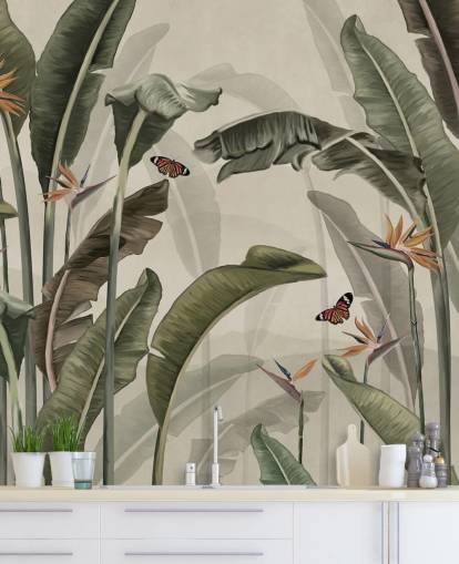 grüne Palmentapete namens Palm Trees and Butterflies Green at Wallsauce für Schlafzimmer, Wohnzimmer und Küchen grüne Palmentapete namens Palm Trees and Butterflies Green at Wallsauce für Schlafzimmer, Wohnzimmer und Küchen