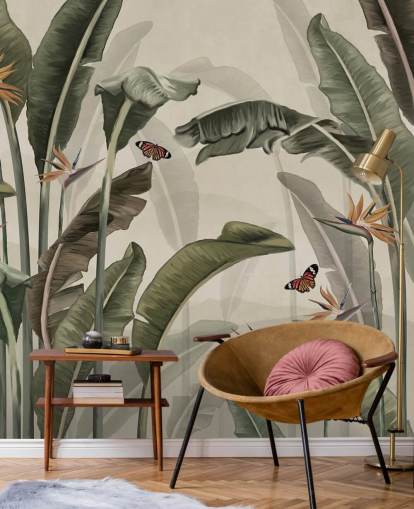 green palm tree wallpaper called Palm Trees and Butterflies Green at Wallsauce for bedrooms, living rooms and kitchens
