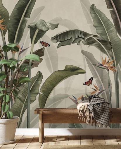 grön palm tapet kallad Palm Trees and Butterflies Green på Wallsauce för sovrum, vardagsrum och kök