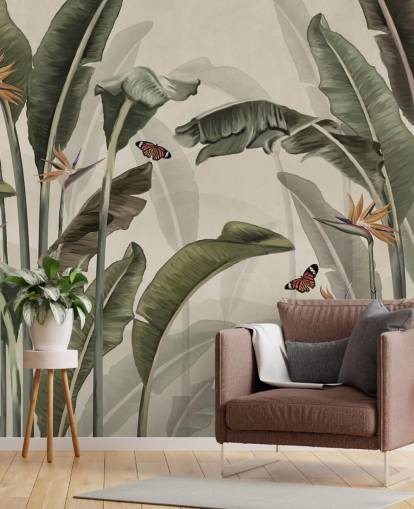 papier peint de palmier vert appelé Palm Trees and Butterflies Green chez Wallsauce pour les chambres, les salons et les cuisines