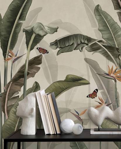 grön palm tapet kallad Palm Trees and Butterflies Green på Wallsauce för sovrum, vardagsrum och kök