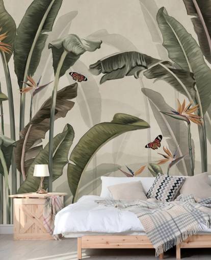 grønt palmetræstapet kaldet Palm Trees and Butterflies Green på Wallsauce til soveværelser, stuer og køkkener